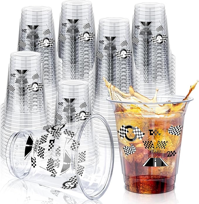 Uiifan 50 Pcs Racing Party Decoration 12 oz Race Car Cups Bulk Checkered Flag Disposable Plastic Cups Black White Party Supplies for One Two Fast Birthday Decorations