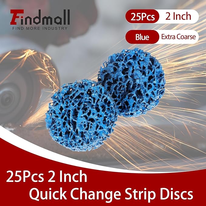 25-Pack 2" Quick Change Clean and Strip Discs – Extra Coarse Blue Non-Woven Abrasive Pads – Fits Angle Grinders for Paint, Rust, Weld Cleaning