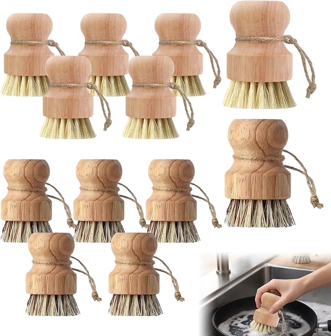 12 Pcs Bamboo Dish Brush Set, Palm Wooden and Sisal Bristles Dish Scrubber, Dish Brushes with Lanyard, Durable Wood Dishes Scrub, Natural Round Vegetable Cleaning Pots Pans Sink Washing Kitchen Brush