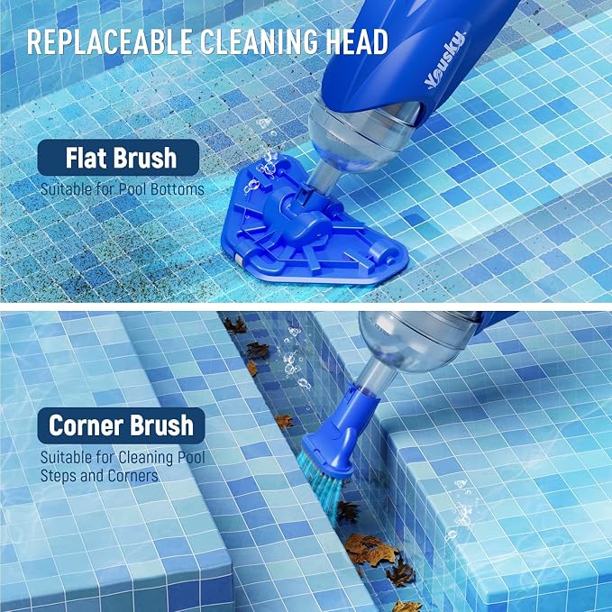 Cordless Handheld Pool Vacuum, 18.5GPM Strong Suction, 45 Mins Runtime, Telescopic Pole, Dual Brush Heads for Above Ground, Inground Pools, Spas & Hot Tubs, Vako H10 Blue