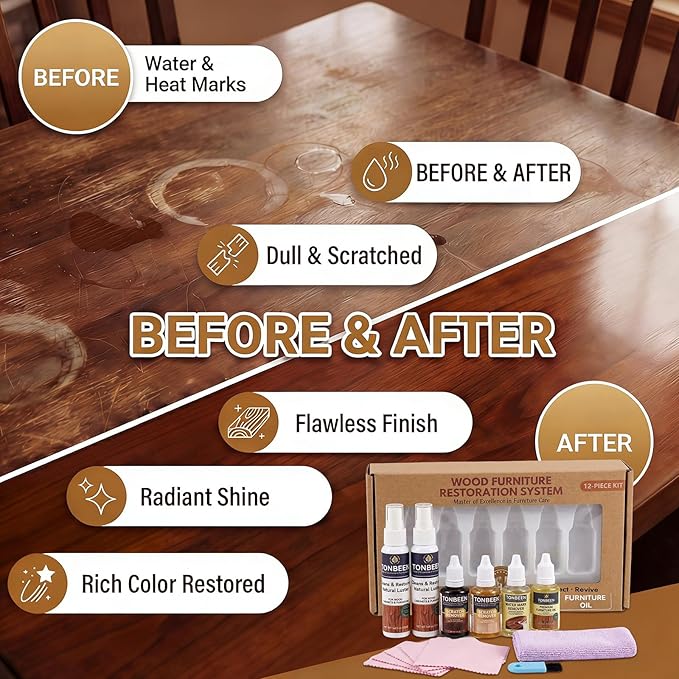 Wood Water Mark Remover, Furniture White Ring & Haze Removal Set - 12PCS Professional Wood Furniture Cleaner Repair Care Kit for Tables, Cabinets, Floors, Hardwood Furniture and More