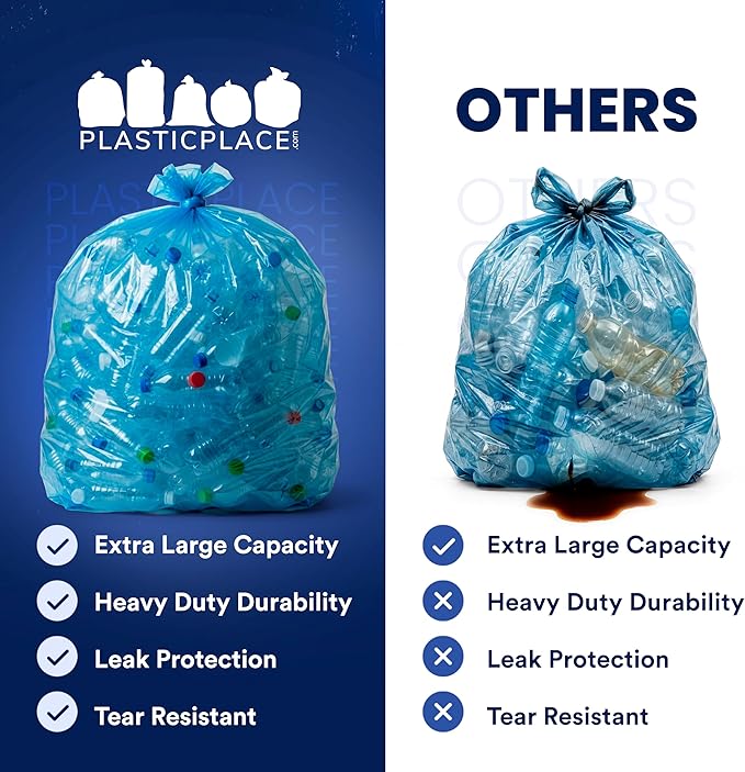 Plasticplace 95 Gallon Recycling Trash Bags, 61"W x 68"H, 1.5 Mil, Blue, 25 Count (Pack of 1)