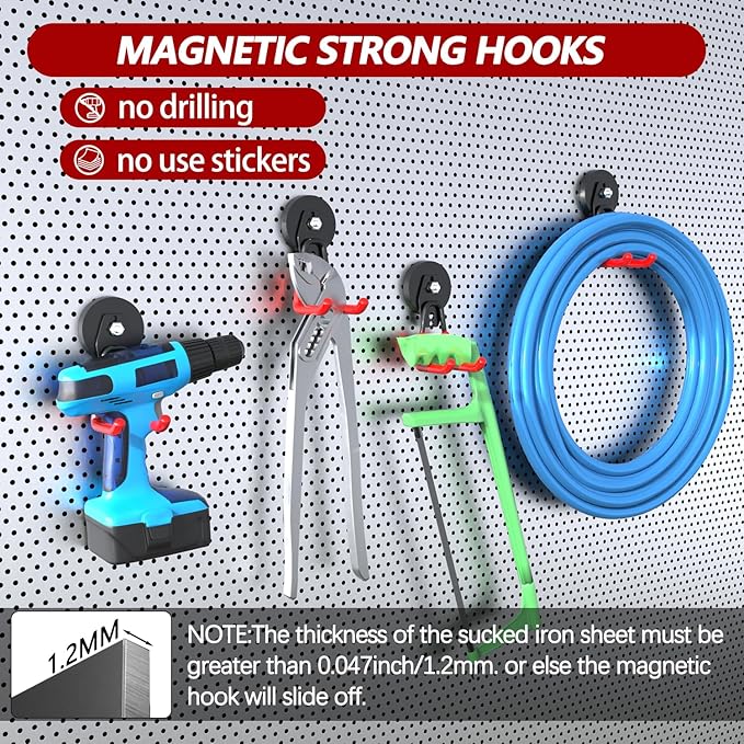 3-H Extra Strong Magnetic Hooks,Heavy Duty Large Anti-Slip Magnet Hooks,No-Drill Tool Holder for Garage,Power Drill,Garden Tools,Hose Storage,4 Pack Red