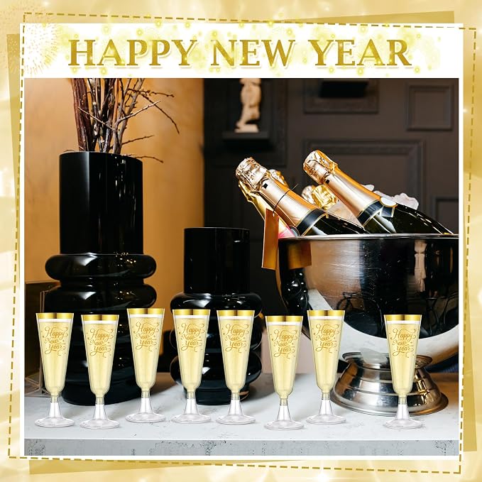 Jingmore 48 Pack 2027 Happy New Year Gold & Sliver Rimmed Plastic Champagne Flutes Cheer to 2027 Celebration New Years Eve Party Supplies 5oz Disposable Cocktail Cups Transparent Party Favors (Gold)