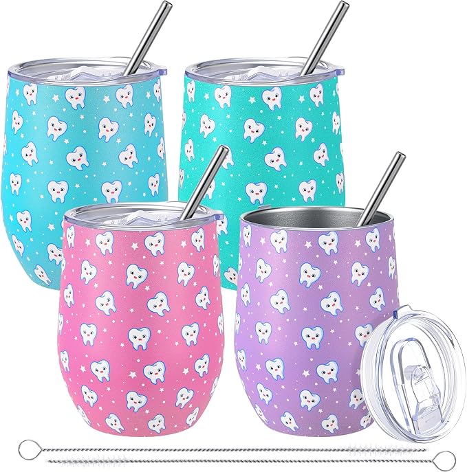 Umigy 4 Pcs Dental Assistant Gifts, Teeth Dentist Wine Tumbler, 12 oz Stainless Steel Coffee Travel Mug, Vacuum Insulated Tumbler Cup with Straw Lid and Brush Dental Hygienist CNA Week Birthday Gifts