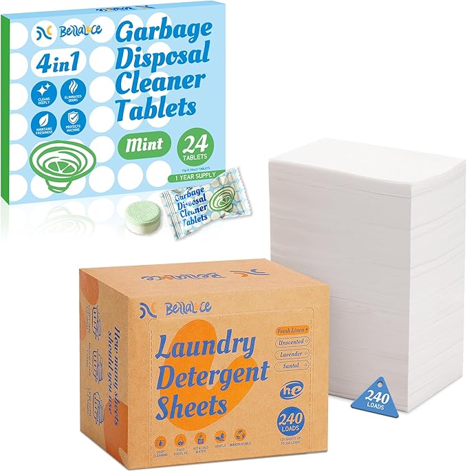 Laundry Detergent Sheets Fresh Linen 240 Loads & Garbage Disposal Cleaner Tablets Mint 24 Pack