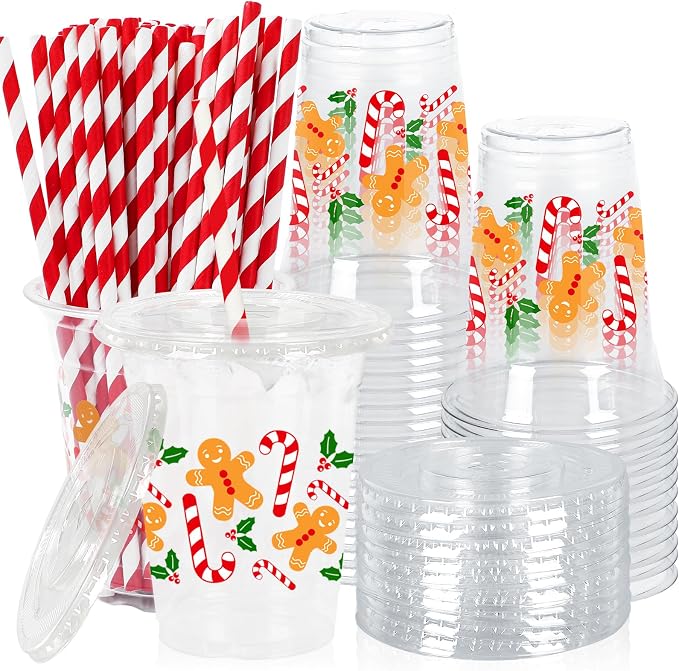Whaline 50Pcs Christmas Plastic Cups with Lids & Straws 12oz Gingerbread Man Candy Cane Disposable Clear Drinking Cups for Xmas Home Party Supplies