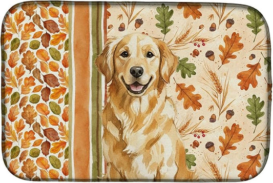 Caroline's Treasures Golden Retriever Heirloom Fall Dish Drying Mat Absorbent Dish Drying Mat Pad for Kitchen Counter Dish Drainer Mat for Countertop, 14 x 21", Multicolor