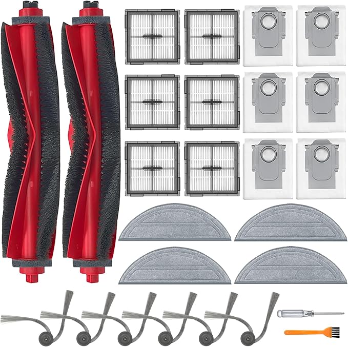 Accessory Kit Compatible with Roborock Q10 S5+ Robot Vacuum, 26-Pack Replacement Parts with 2 Main Brushes, 4 Mop Pads, 6 Filters, 6 Dust Bags, 6 Side Brushes, 2 Cleaning Brushes