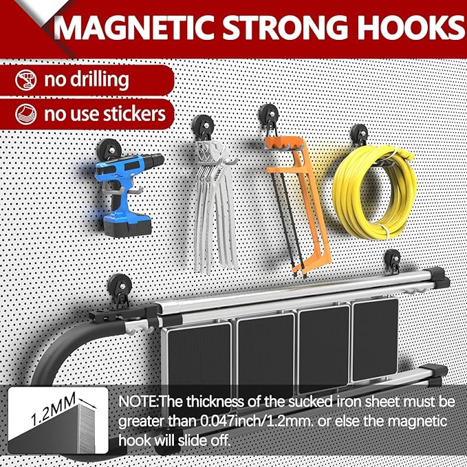 3-H Extra Strong Magnetic Hooks,Heavy Duty Large Anti-Slip Magnet Hooks U Shape,No-Drill Tool Holder for Garage,Power Drill,Garden Tools,Hose Storage,4 Pack Gray