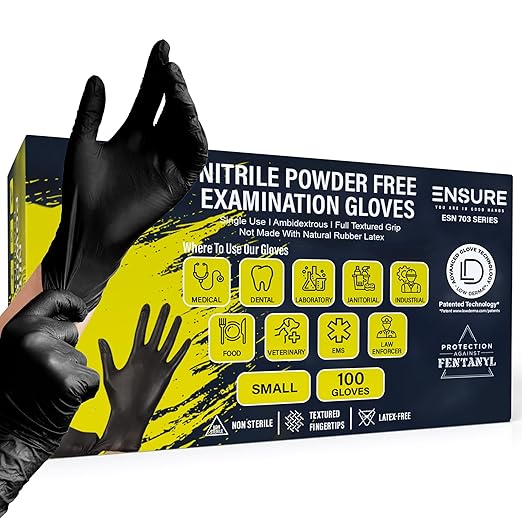 Ensure Black Nitrile Gloves – 7 Mil Heavy-Duty Disposable Gloves, Low Dermatitis, Powder & Latex Free, Puncture & Chemical Resistant for Mechanic, Industrial, Food Service, Medical Use (100, Small)