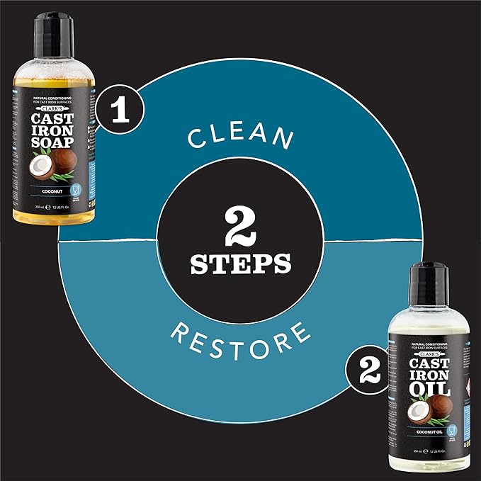 CLARK'S Cast Iron Cleaning Kit with Coconut Oil – Cast Iron Cleaner Set with Seasoning Oil, Soap, Scrub Brush, and Applicator Pad – Restore and Preserve Pan, Skillet, Grill, Dutch Oven, and Wok