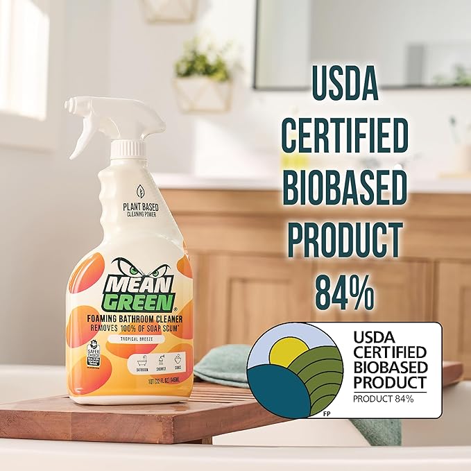 Mean Green Foaming Bathroom Cleaner Spray, Tropical Breeze, 32 oz – Removes 100% of Soap Scum, Shower, Tile, Sink & Bathroom Surfaces
