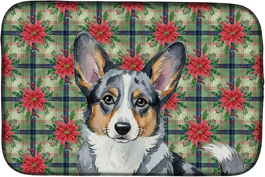 Caroline's Treasures Blue Merle Cardigan Welsh Corgi Christmas PoinsettIas Dish Drying Mat Absorbent Dish Drying Mat Pad for Kitchen Counter Dish Drainer Mat for Countertop, 14 x 21", Multicolor
