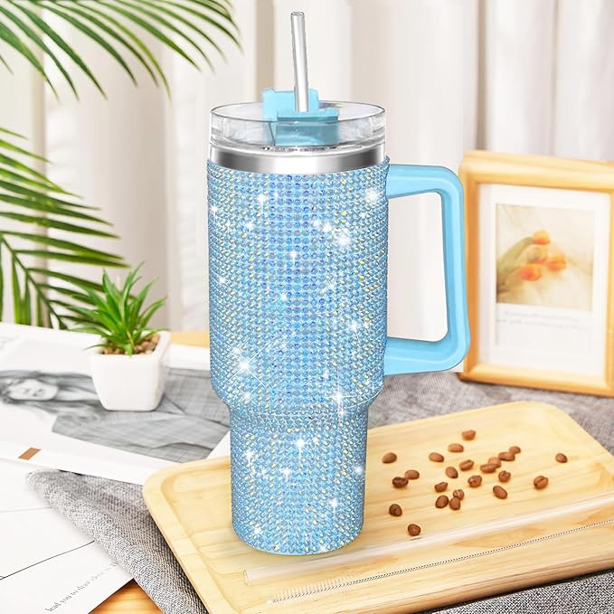 HWISDMIG 40oz Tumbler with Handle-Glitter Rhinestones Tumbler Bling Cups Stainless Steel Water Bottle Diamond Studded Tumbler for Women-Birthday Gifts for Women, Mom, Girlfriend (40 oz, Turquoise)