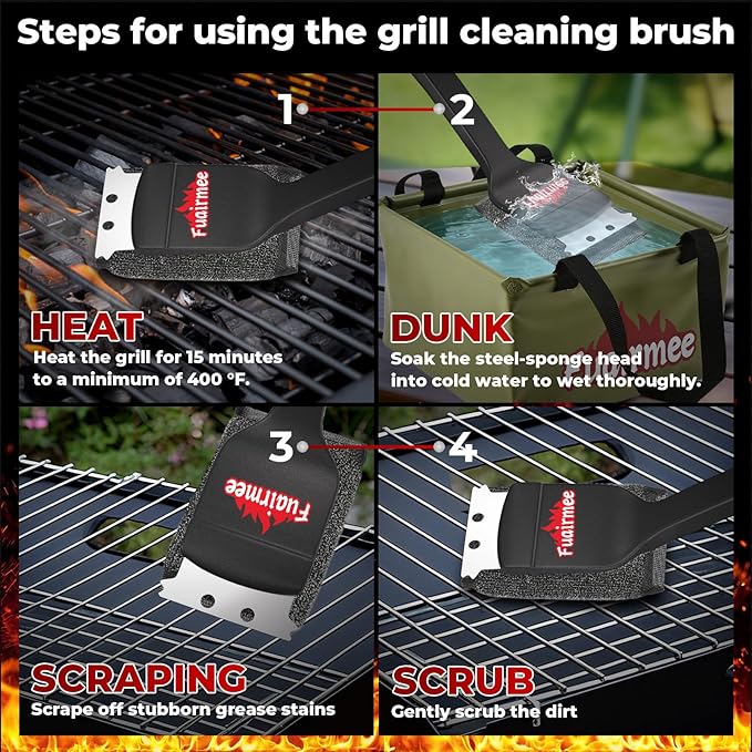 2PCS Bristle Free Grill Brush for Outdoor Grill, with Water Dunk Basin（Green, Steel Fiber Grill Brush for Cast Iron/Porcelain/Charcoal/Stainless Steel Grates