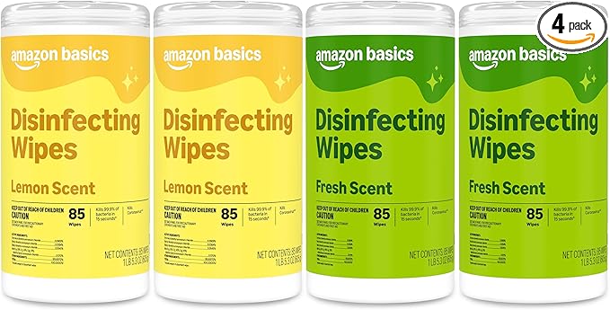 Amazon Basics Disinfecting Wipes, Lemon & Fresh Scent, Thick, Sanitizes/Cleans/Disinfects/Deodorizes, 340 Count (4 Packs of 85)