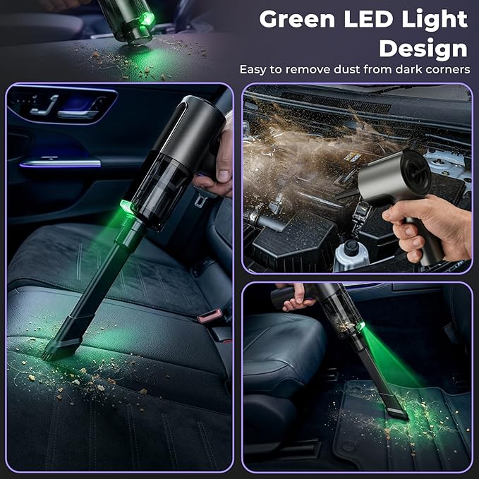20000Pa Cordless Car Vacuum, 80,000 RPM Brushless Motor Handheld Vacuum with 7-in-1 Air Duster Blower, Portable Type-C Rechargeable Cleaning Kit for Pet Hair, Home & Office, Black