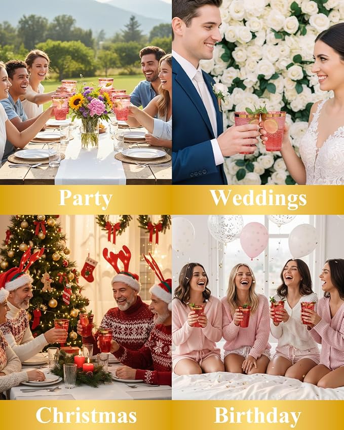 Goodluck 50PCS 14oz Red and Gold Plastic Cups for Party, Disposable Gold Rim Cups, Plastic Cocktail Glasses for Wedding Thanksgiving, Christmas, and Parties