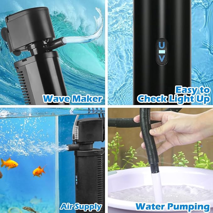 TARARIUM 20-75Gal U-V Aquarium Filter for Fish Turtle Tank, Auto-Timer Bulb | Bio Sponge+U-V Internal Filter, Clear Green Water, Green Killing, Aeration, Deodorize, Salt & Freshwater Crystal Clear,211GPH