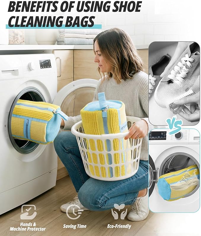 Shoe Washing Machine Bag, 3 Pack Shoe Cleaning Bag for Washer and Dryer, 360° Deep Cleaning Reusable Shoes Laundry Bags for Sneakers with Zipper Protection and Side Mesh Pouch, Yellow