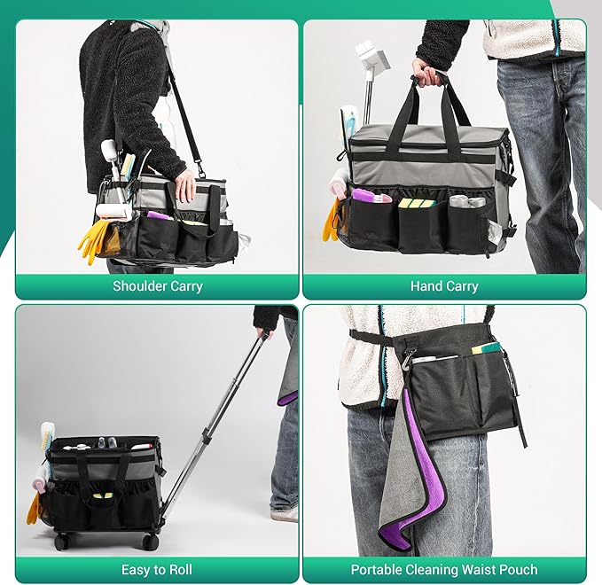 Large Rolling Cleaning Caddy Bag w/Detachable Trolley & Lid - Portable Cleaning Cart on Wheels w/Shoulder Strap & Waist Pouch - Cleaning Supplies & Tool Organizer for Home, Office, Car (Gray)
