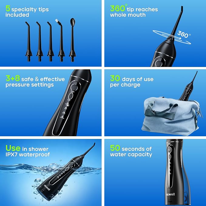 Nicwell Water Dental Flosser for Teeth - 4 Modes & 11 Pressure Settings Cordless Portable Oral Irrigator, IPX7 Waterproof Rechargeable with 5 Tips for Braces Cleaning, Travel, Deep Teeth Cleaning