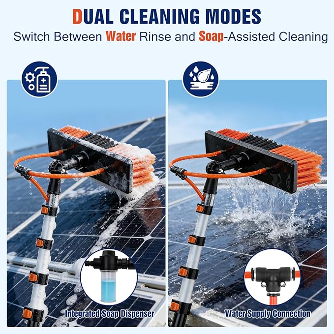 24FT Water Fed Pole Window Cleaning System & Solar Panel Cleaning Kit, Professional Window Washing Kit with Extension Pole, 180° Rotating Brush & Soap Dispenser