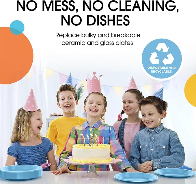 Exquisite Party Solids Light Blue Plates Disposable Light Blue Plastic Plates 100 Pieces - 50-7" & 50-9" Heavy Duty 350 GSM Disposable Dinnerware Sets, Plastic Dinnerware Sets