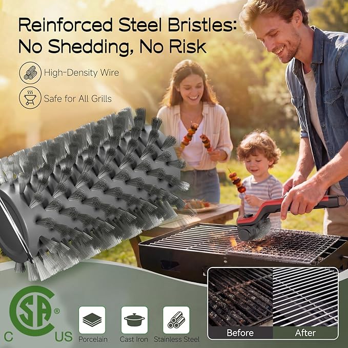 Electric Grill Brush, High Torque Grill Brush with 3-Speed Modes, 20kg Max Torque BBQ Cleaner Safe for Porcelain Cast Iron Stainless Steel, Reinforced Steel Bristles, Type-C Rechargeable