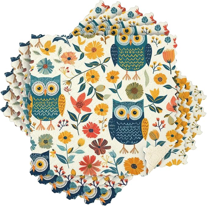 ALAZA Dish Towels Kitchen Cleaning Cloths Cute Owl Flowers Leaves Dish Cloths Absorbent Kitchen Towels Lint Free Bar Tea Soft Towel Kitchen Accessories Set of 6,11"x11"