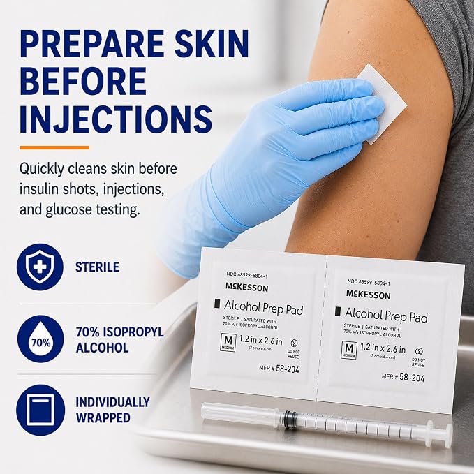 McKesson Alcohol Prep Pads, (200 Count) - Sterile, Individually Wrapped Wipes, 70% Isopropyl Alcohol, Medium Size, 2-Ply, Medical Grade, First Aid, 1 Box