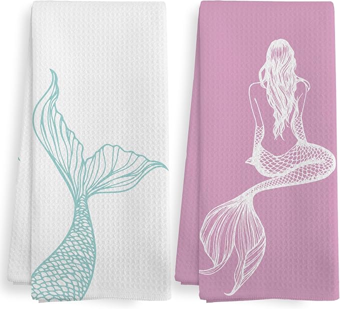 Coastal Mermaid Beach Decor Dish Hand Tea Towels for Bathroom Kitchen, Mermaid Ocean Beachy Bathroom Decor Gifts for Girls, Pink Blue Nautical Kitchen Towels and Dishcloths Sets of 2, 16x24in