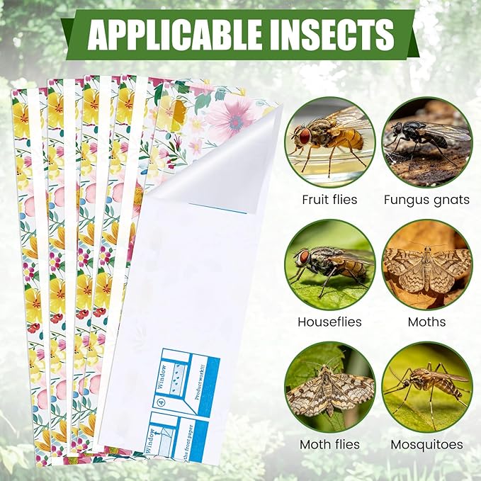 100 Pack Window Fly Traps Floral Fly Strips Indoor Sticky Flies Paper Bulk Bug Catcher Waterproof Fruit Housefly Gnat Trap for Home, Kitchen, Garage