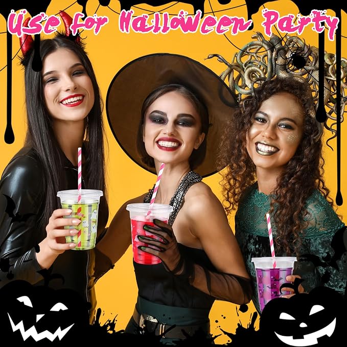 Yaomiao 300 Pcs 12 oz Halloween Plastic Cups with Lids and Straw Halloween Plastic Cup Disposable Clear Tumbler Whiskey Tumbler Pink Pumpkin Ghost Bat Witch Drinking Set for Party Supply