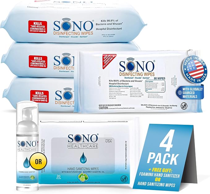 SONO Disinfecting Wipes - No Alcohol & Bleach, Medical-Grade, All-Purpose - School, Household, Dorm, Salons, Spas, Pilates & Yoga Studios Cleaning Kit - 320 ct (pack of 4) 80 count packs w/Sanitizer