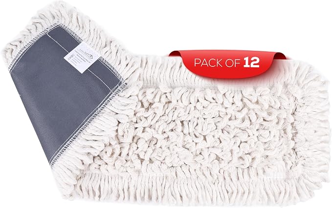 Kleen Handler 24" Commercial Dust Mop Replacement Heads, 12 Pack Industrial Loop End Flat Dust Mop Pads, Washable Cotton Mop Refill for Floor Cleaning, Natural