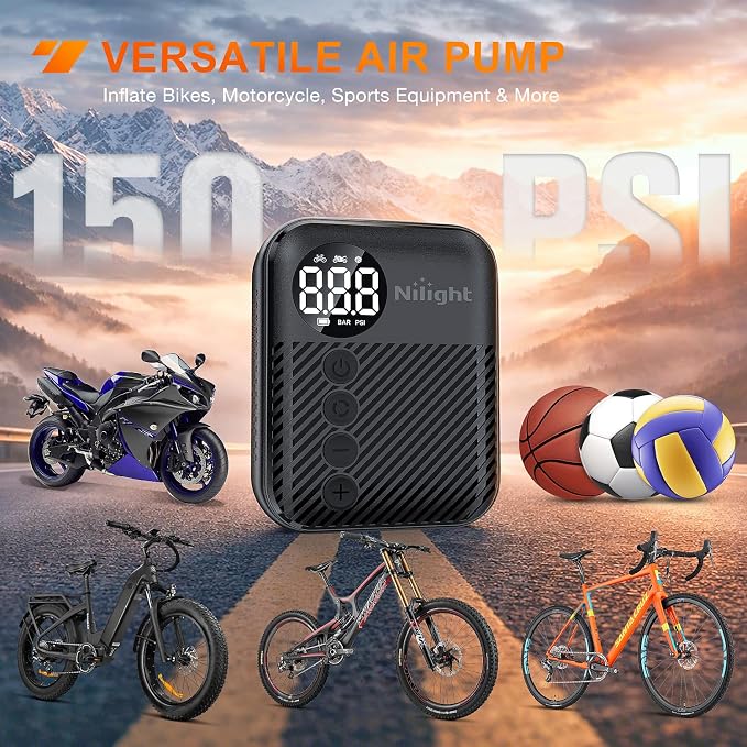 Nilight Mini Bike Pump with Gauge Fast Inflate Tiny Bicycle Air Pump Portable Air Inflator 150PSI with Presta and Schrader Valve for Road Mountain Bike E-Bike Motorcycle Ball