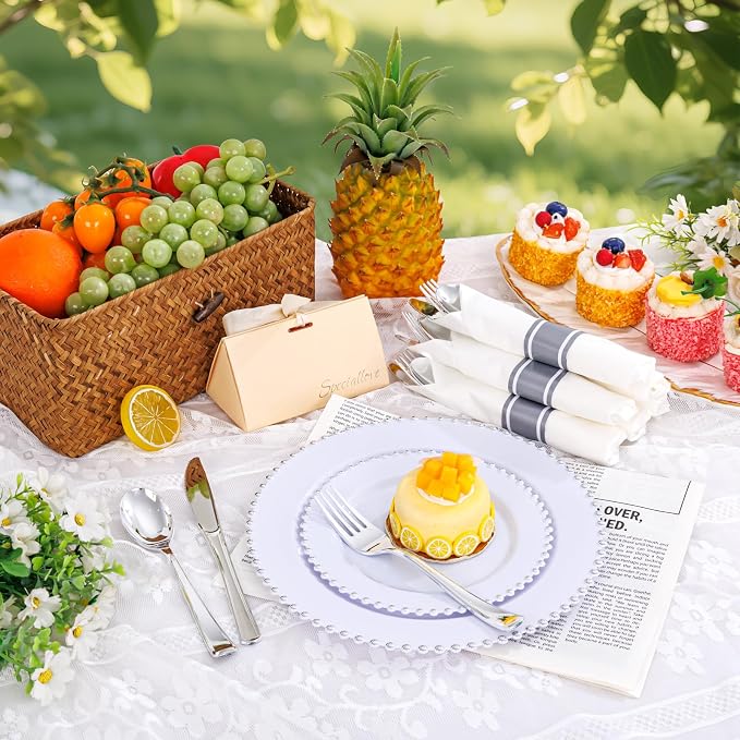 Supernal 100pack Silver Plastic Silverware with Napkins, Prewrapped & Rolled Silver Disposable Utensils (100 Forks, 100 Spoons, 100 Knives), Heavy Duty Cutlery Set with Napkin for Wedding & Party