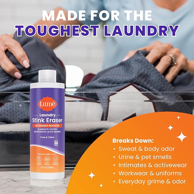 Lume Laundry Stink & Stain Eraser - Detergent Booster & Sink Soak - Eliminates Body Odor In Clothes - Odor Blasting Enzyme Blend - Make Your Detergent Work Better - Free & Clear - 8 fl oz (2 Pack)