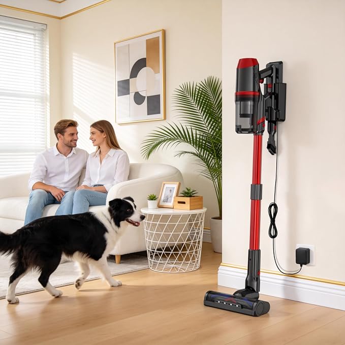 Cordless Stick Vacuum Cleaner, Powerful Suction Anti-Tangle Brush Vacuum with LED Headlight, Lightweight Vacuum Cleaner for Hardwood Floor Carpet Pet Hair (Red)