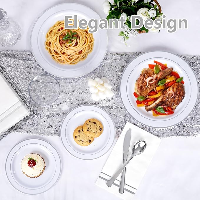 GATHER 175 Pieces Silver Plates - Disposable Silver Plastic Plates Includes 50 Plates, 75 Silverware, 25 Napkins, 25 Silver Rimmed Cups Perfect for Party & Weding