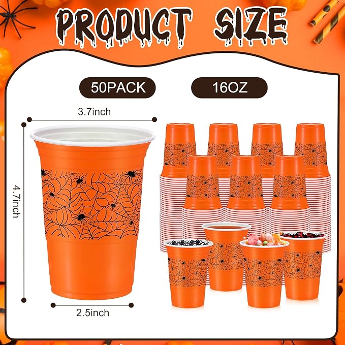 Jingmore 50 Pcs Halloween Plastic Cups, 16 oz Orange Party Disposable Cups Hot Cold Drinks Cups for Party Decoration Supplies Party Favors