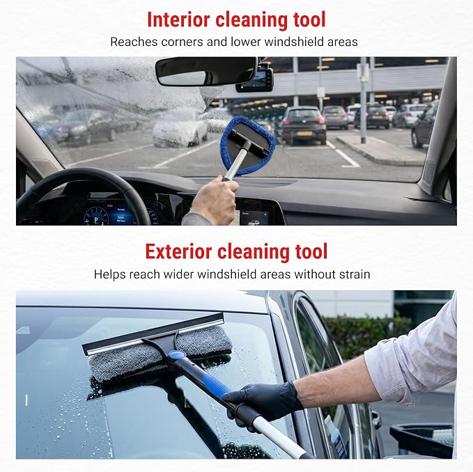 The 360° Total Windshield Cleaning KIT with car Window Squeegee, Interior Windshield Cleaner, Microfiber Cloth, Pads & Cleaning Solution - Interior & Exterior Cleaner
