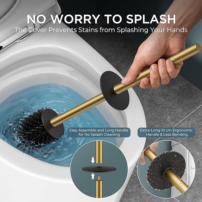 FORIOUS Toilet Brush and Holder Set, SUS304 Stainless Steel Square Base, Extended Long Handle, Drip-Proof & Space Saving, 2 Replaceable Brush Heads, Plastic & Silicone Dual Brush Head, Drak Gold