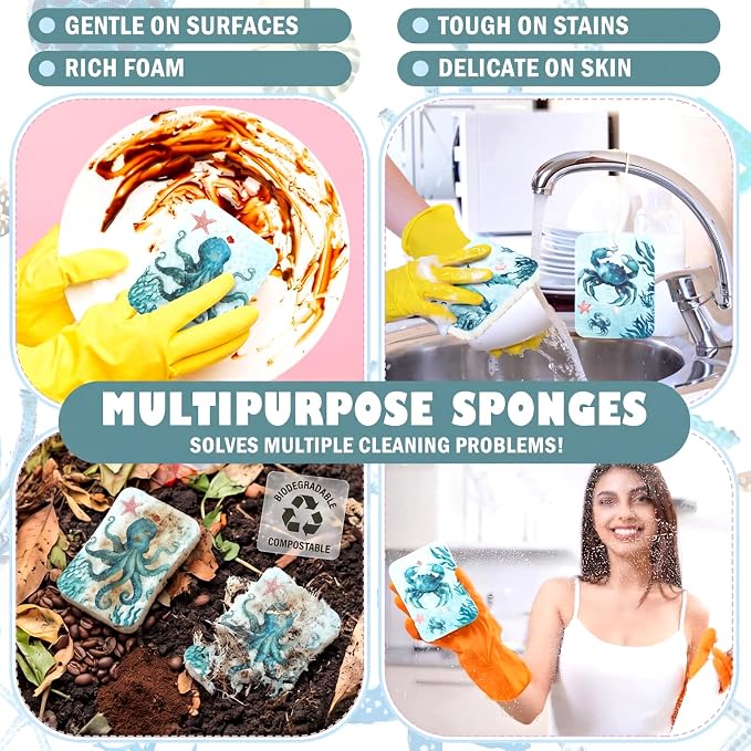 Hahafelt 36 Counts Compressed Cellulose Sponges Bulk Craft Pop up Ocean Pattern Natural Kitchen Compostable Non Scratch Dish Sponges for Washing Dishes, Cleaning Countertop Sink