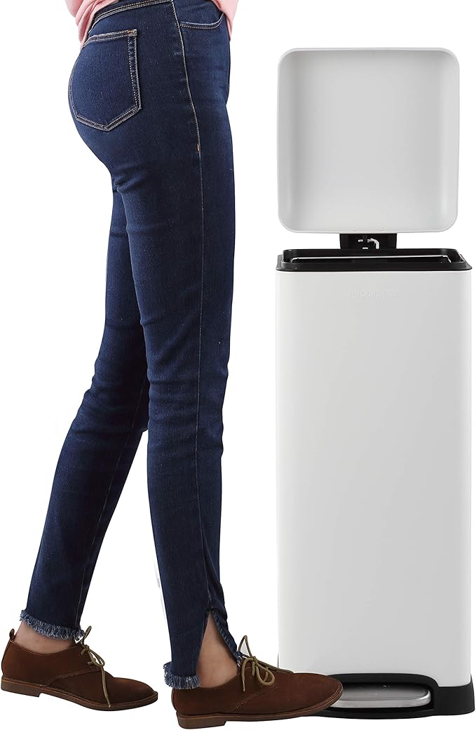 happimess HPM1007A Betty Retro 8-Gallon Step-Open Trash Can with Soft-Close Lid, Fingerprint Resistant, Modern, Minimalistic for Home, Kitchen, Laundry Room, Office, Bedroom, Bathroom, White