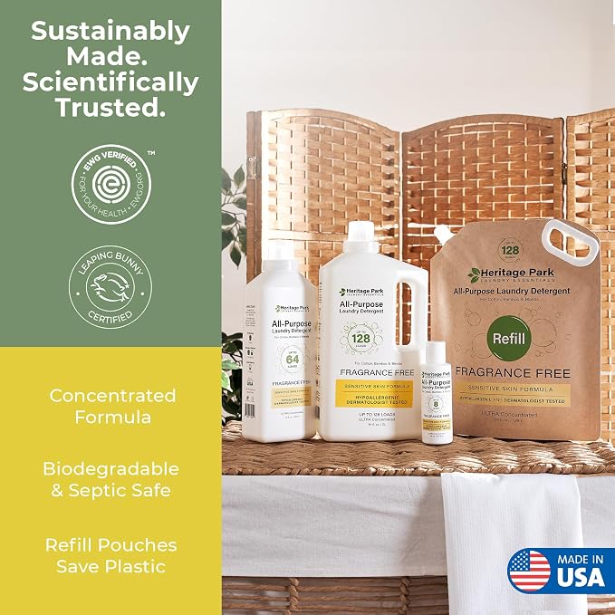 Heritage Park Luxury Laundry Detergent | Dermatologist Tested Plant based Natural & Enzyme Laundry Detergent | Sensitive Skin Friendly - Fragrance Free (4 fl oz Trial Size)