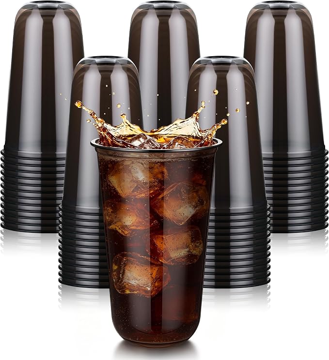 KesaPlan 100 Pcs 18 oz Black Clear Plastic Cups, Disposable Stemless Wine Glasses for Halloween Graduation Party, Round Bottom Plastic Cocktails Cups, Disposable Cold Drinks Cup for Birthday Wedding