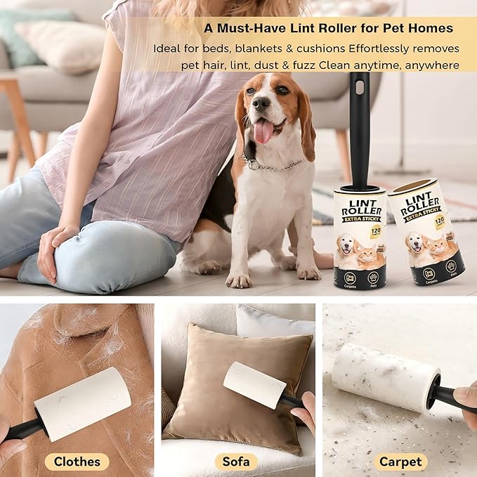 Extra Sticky Lint Rollers for Pet Hair Removal, 3.9 Inch Rolls Size 8 Rollers 960 Sheets (120 Sheets/Roll), Pet Hair Lint Roller for Clothes Furniture Carpets Dog Cat Fur